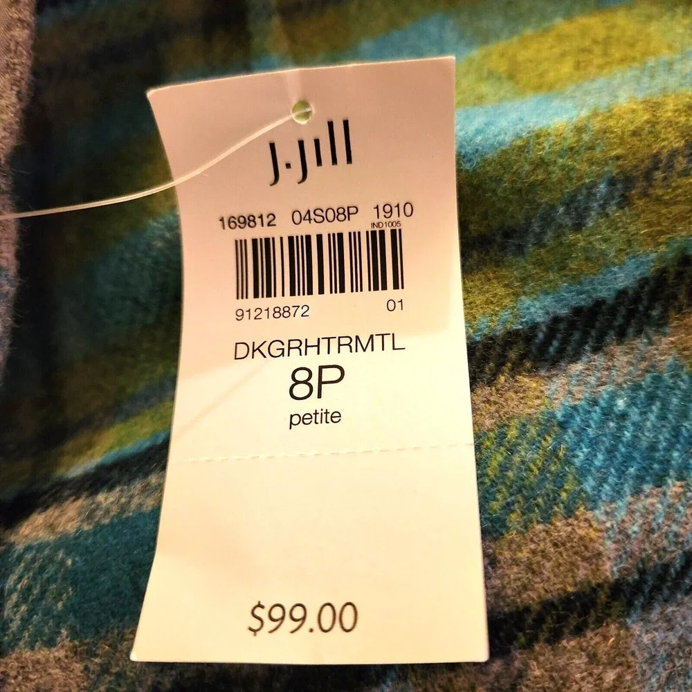 NWT J Jill Womens Plaid Skirt Sz 8P Green Gray Wool Blend Tartan Fringe Academia